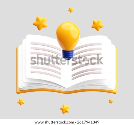 Creative 3D book with light bulb and glowing stars. Ideal for education, idea development, e-learning, and inspirational reading materials.