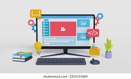 Creative 3d illustration of web design. website development. Template landing page for website. Web development, optimization, user experience. Website layout elements. 3d illustration