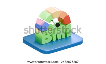 Creative 3D render of a BMI body mass index chart with colorful segments mounted on a blue base, isolated on white background for medical and wellness purposes.