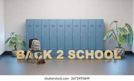 Creative 3D render showing 'Back 2 School' text with lockers, backpack, and chair in a hallway environment symbolizing the return to education.