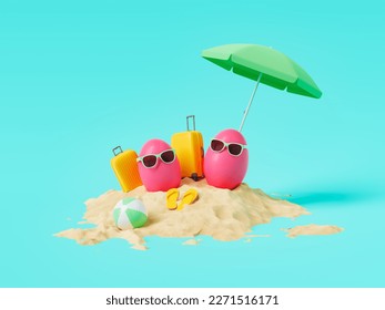 Creative 3D rendering of bright pink Easter eggs with sunglasses and yellow suitcases with flip flops umbrella and inflatable ball on sandy beach against blue background