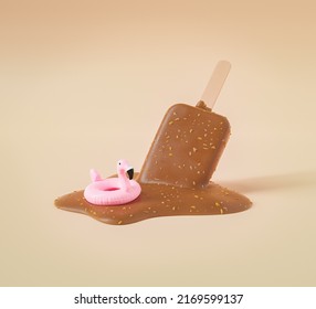 Creative 3D Rendering Of Small Pink Inflatable Flamingo On Melted Chocolate Ice Cream Bar Against Beige Background