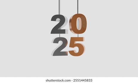 Creative 3D rendering of the year 2025 with metallic and orange tones, suspended on strings. Ideal for festive, futuristic, and innovative designs for calendars, greeting cards, or banners.