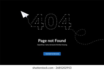 A creative 404 error page design featuring a paper airplane illustration on a clean, dark UI.