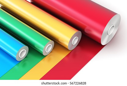 Creative abstract 3D render illustration of the rolls of color PVC polythene plastic tape or foil isolated on white background