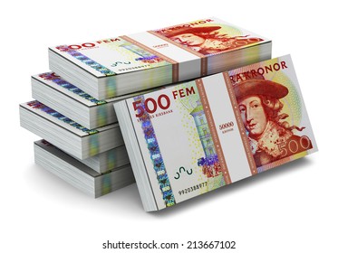 Creative Abstract Banking, Money Making And Business Success Financial Concept: Heap Of Stacks Of 500 Swedish Krona Banknotes Isolated On White Background