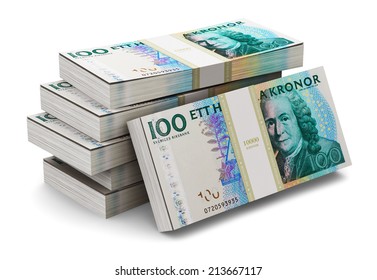 Creative Abstract Banking, Money Making And Business Success Financial Concept: Heap Of Stacks Of 100 Swedish Krona Banknotes Isolated On White Background