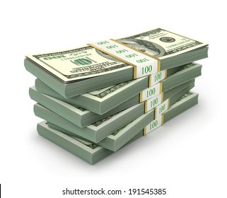 Creative Abstract Business, Financial Success And Making Money Concept: Stacks Of 100 US Dollar  Banknotes Or Bills Isolated On White Background 