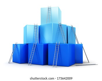 Creative abstract business progress, development, success, leadership and competition concept: group of blue cubes with ladders isolated on white background