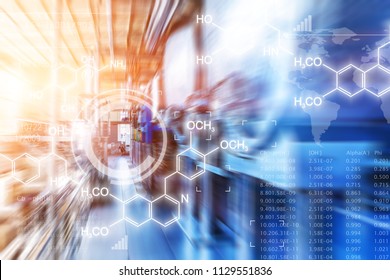 Creative Abstract Chemical Scientific Background Illustration With Chemistry Formula And Atom Structure Against Chemical Factory Plant Interior With Industrial Manufacturing Equipment With Motion Blur