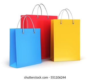 Creative Abstract Commercial Business Retail Sale And Online Shopping Concept: 3D Render Illustration Of The Group Of Color Paper Shopping Bags Isolated On White Background