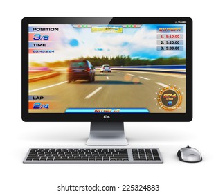 Creative Abstract Computer Gaming And Entertainment Technology Concept: Modern Black Gamer Desktop PC With Video Game Isolated On White Background