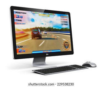 Creative Abstract Computer Gaming And Entertainment Technology Concept: Modern Black Gamer Desktop PC With Video Game Isolated On White Background