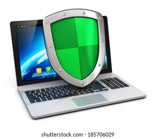 Creative Abstract Computer Internet Security Networking And Business Communication Antivirus Concept: Modern Laptop With Protection Shield Isolated On White Background