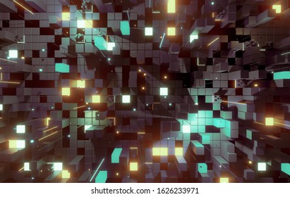 Creative abstract concept of big data or cyber security technology and connection with city digital skyscrappers and traffic. 3d illustration.