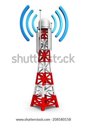 Creative abstract digital cellular telecommunication technology and wireless connection business concept: mobile base station or TV transmitter antenna pylon isolated on white background