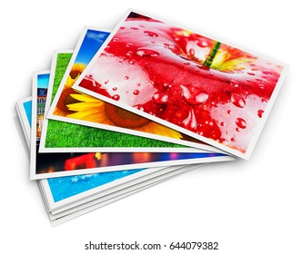 Creative abstract digital photography and photographic picture visual imaging art concept: 3D render illustration of the stack of colorful photo cards isolated on white background