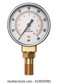 Creative Abstract Fuel Industry Manufacturing Business Concept: 3D Render Illustration Of Metal Steel High Pressure Gauge Meter Or Measuring Manometer With Brass Fitting Isolated On White Background