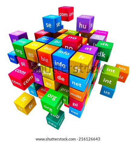 Creative abstract global internet communication PC technology and web telecommunication business computer concept: group of color cubes with domain names isolated on white background