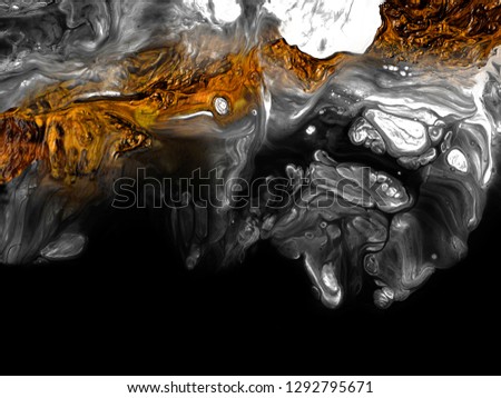 Creative abstract hand painted background, wallpaper, texture, close-up fragment of acrylic painting on canvas with brush strokes. Modern art. Black and white with gold background. Contemporary art.