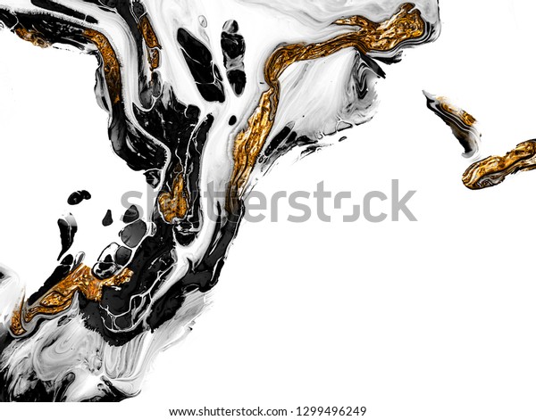 Creative abstract hand painted wall mural, texture, close-up fragment of acrylic painting on canvas with brush strokes. Modern art. Black and white with gold background. Contemporary art.