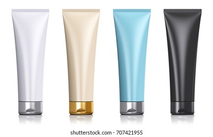 Creative abstract healthcare, body care and cosmetics concept: 3D render illustration of the set of color blank plastic tubes for grooming products isolated on white background with reflection effect