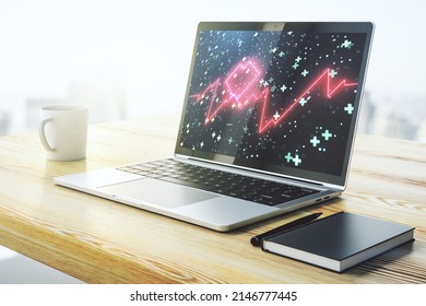 Creative Abstract Heart Pulse Hologram On Modern Computer Monitor, Online Medical Consulting Concept. 3D Rendering