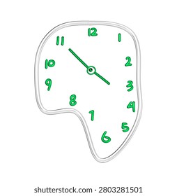 creative abstract illustration of a distorted wall clock with irregular shape and green glowing numbers. The design represents confusion, time distortion, and surreal perception of time, suitable for concepts related to deadlines, time management, and psychological themes