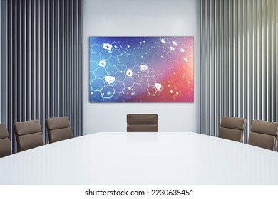 Creative abstract medical hologram on presentation tv screen in a modern meeting room. Healthcare technolody concept. 3D Rendering - Powered by Shutterstock