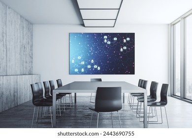 Creative abstract medical sketch on presentation monitor in a modern boardroom, Medicine and healthcare concept. 3D Rendering - Powered by Shutterstock