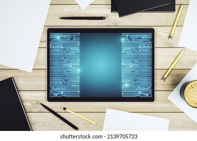 Creative Abstract Micro Chip Hologram On Modern Digital Tablet Display, Artificial Intelligence And Machine Learning Concept. Top View. 3D Rendering