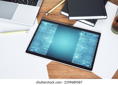 Creative Abstract Micro Chip Hologram On Modern Digital Tablet Display, Artificial Intelligence And Machine Learning Concept. Top View. 3D Rendering