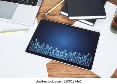 Creative Abstract Micro Chip Hologram On Modern Digital Tablet Display, Artificial Intelligence And Machine Learning Concept. Top View. 3D Rendering