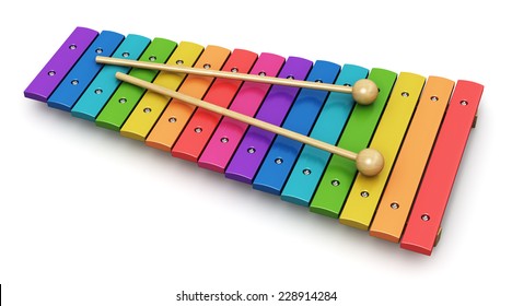 Creative Abstract Percussion Musical Instrument And Music Art Creation Concept: Colorful Rainbow Wooden Xylophone With Two Wood Drum Sticks Isolated On White Background