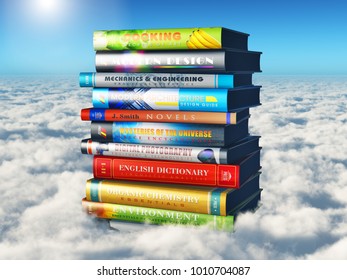 Creative abstract science, knowledge and education concept: 3D render illustration of the stack or pile of color hardcover books in the sky above the clouds