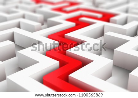 Creative abstract success, perspective vision, marketing, strategy, finding solution and motivation business communication concept: 3D render illustration of red path across endless white labyrinth