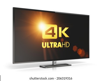 Creative abstract ultra high definition digital television screen technology concept: 4K UltraHD TV or computer PC monitor display isolated on white background with reflection effect