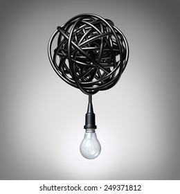 Creative advice concept as a lightbulb or light bulb hanging down from a tangled chaos of twisted electric cord as a success metaphor and creativity resolution symbol.