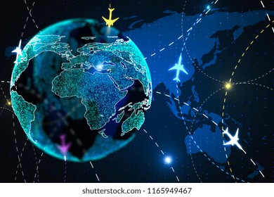 Creative airplane interface on dark background. Worldwide travel and trip concept. 3D Rendering 