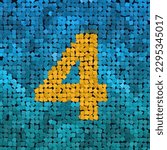 creative alphabet, 3d render, yellow number 4 on blue background, mosaic effect