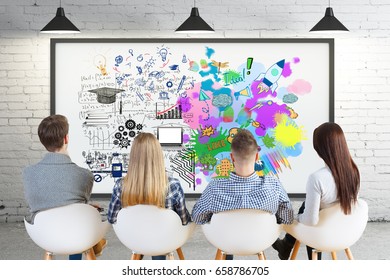 Creative and analytical thinking concept. Back view of young european team sitting in brick interior with abstract sketch. 3D Rendering