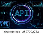 Creative API hologram on blurry background. Application Programming Interface concept. Interaction with digital icons representing API development, security. 3D Rendering