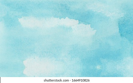 Creative aquarelle painted textured canvas for vintage design, invitation card. Light turquoise color watercolor illustration, modern background, smeared sky blue shades frame