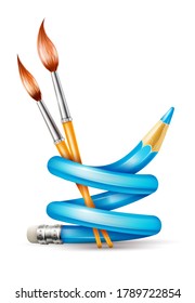 Creative art design concept and twisted pencil   brushes tools for drawing  Gradient mesh used  Isolated white background  3D illustration 