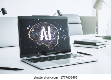 Creative artificial Intelligence concept with human brain sketch on modern laptop monitor. 3D Rendering