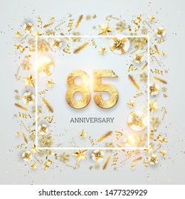Creative background, 85th anniversary. Celebration of golden text and confetti on a light background with numbers, frame. Anniversary celebration template, flyer. 3D illustration, 3D render.