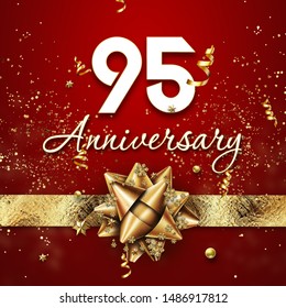 Creative background, 95 years old. Celebration of golden text and confetti on a red background with numbers and golden bow. Anniversary celebration template, flyer. 3D illustration, 3D rendering.