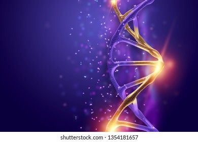 Creative background, dna structure, golden DNA molecule on violet background, ultraviolet. 3d render, 3d illustration. The concept of medicine, research, experiments, experiment, virus, disease.