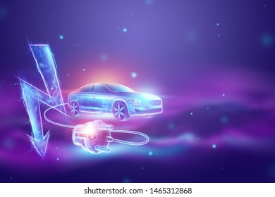 Creative background, Electric car with charging wire, hologram, electricity sign. The concept of electromobility e-motion, charging for the car, modern technology. 3D Render, 3D illustration. - Shutterstock ID 1465312868
