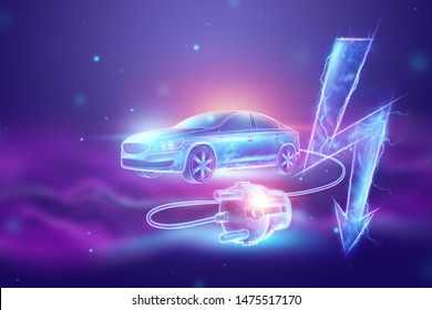 Creative background, Electric car with charging wire, hologram, electricity sign. The concept of electromobility e-motion, charging for the car, modern technology. 3D Render, 3D illustration. - Shutterstock ID 1475517170